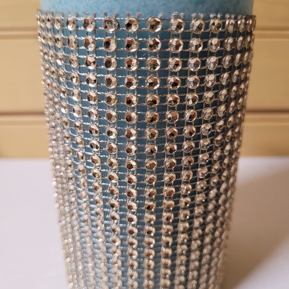 Cassis Pillar Candle Aqua Silver Mesh Rhinestone Look Wrap 6" x 3" Zodax - Picture 5 of 7